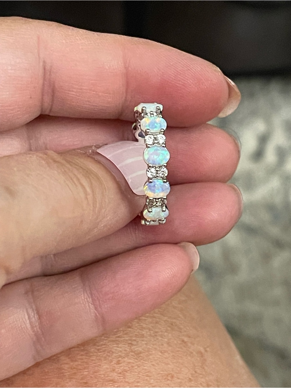 Opal and Cubic Zirconia Sterling Silver Eternity Band - Size 9